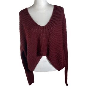 Express Burgundy V Neck Asymmetrical Hemline Long Sleeve Pullover Sweater M